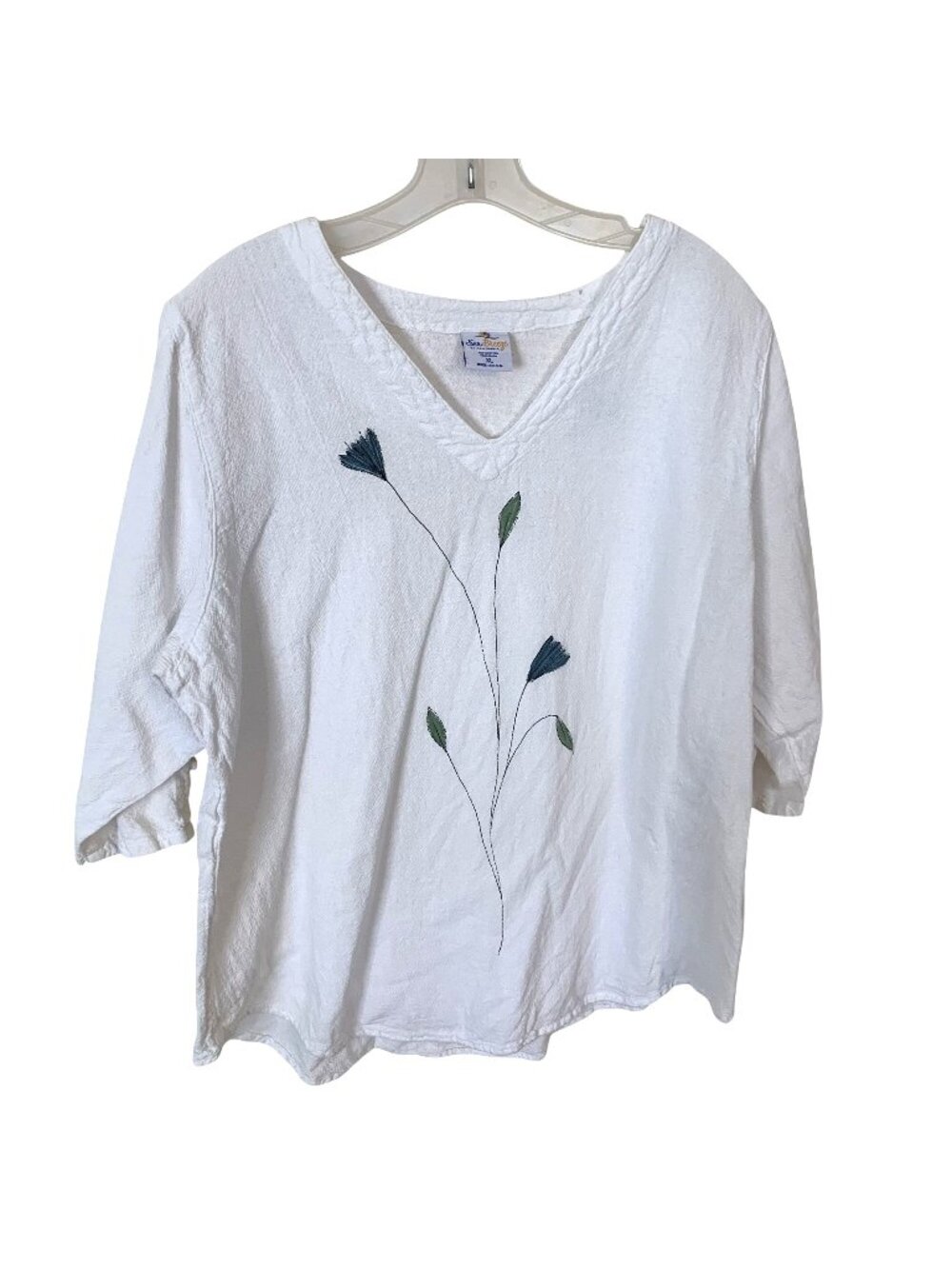 Sea Breeze Womens White Cotton Blouse Top Hand Painted Shirt 3/4 Sleeve XL USA